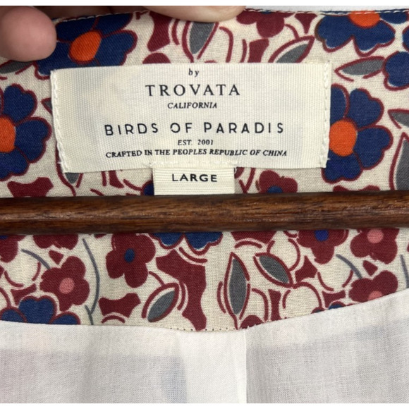 Trovata Birds of Paradis Floral Midi Dress L Ramie Cotton V-Neck Boho Peasant - Picture 3 of 11